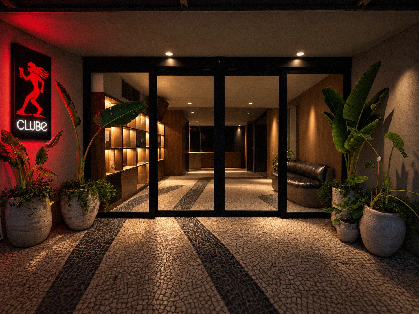 Entrada do CLUBE à noite, com o painel de LED do logo e personagem na parede