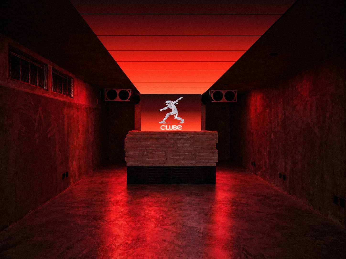 Pista à noite, com o teto de LED em degradê vermelho em perspectiva e a tela do fundo com o personagem e o logo do CLUBE